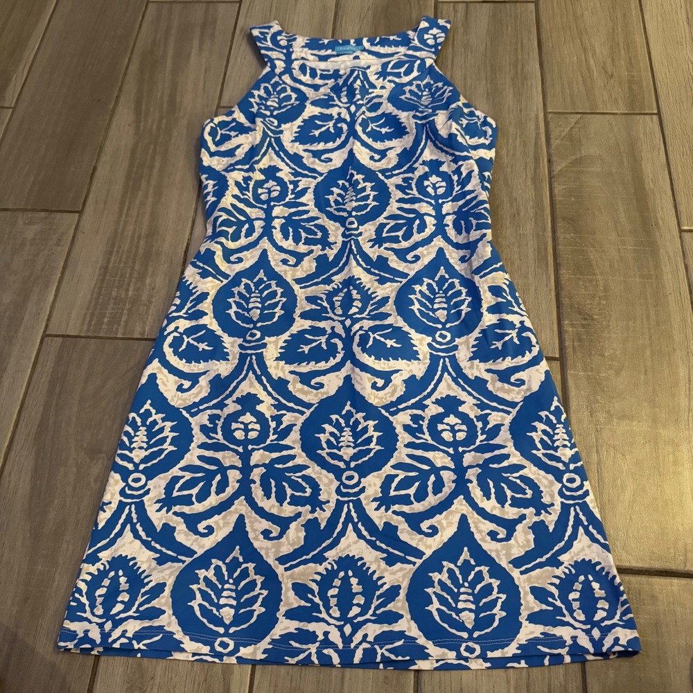 J.McLaughlin Catalina Blue White Medallion Sleeveless Shift Dress Geometric S
